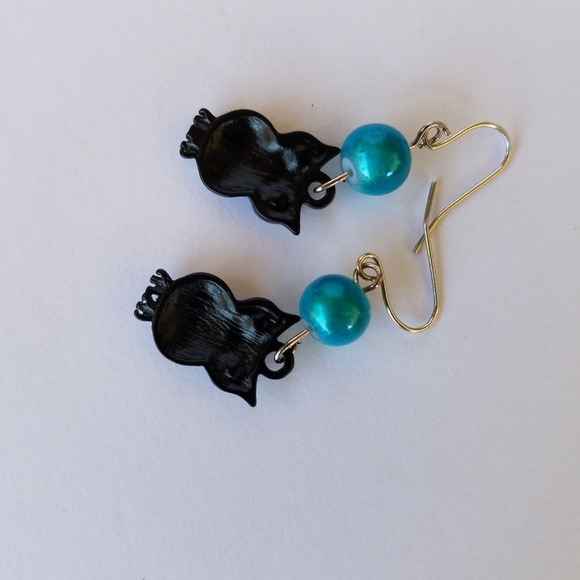 Hand Crafted Earrings Crystal-eyed Owl Dangle Aqua/Black Beaded 1.25” Pierced - Picture 3 of 6